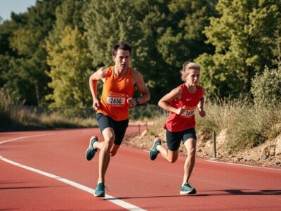 Due atleti, pettorali 2656 e 3037, corrono su una pista da corsa. Illustra i concetti di tecnica atletica.