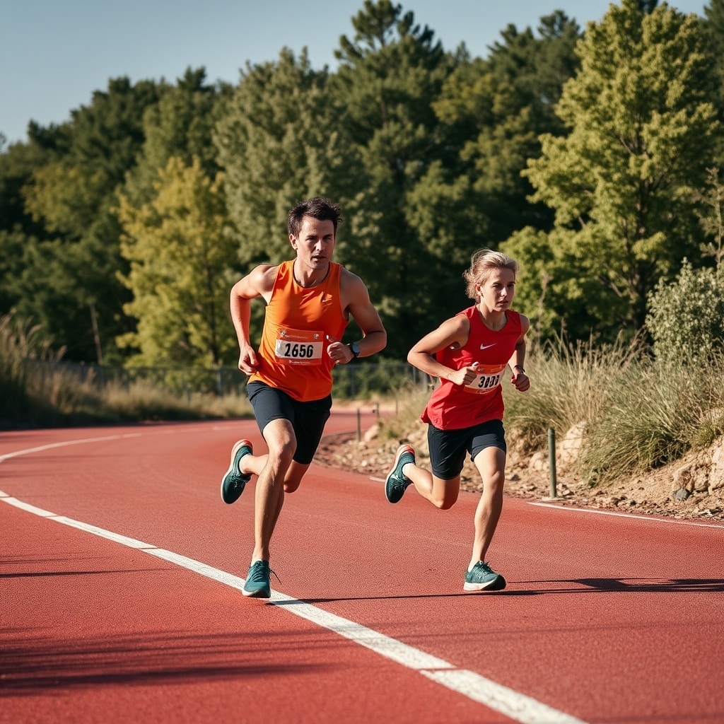 Due atleti, pettorali 2656 e 3037, corrono su una pista da corsa. Illustra i concetti di tecnica atletica.
